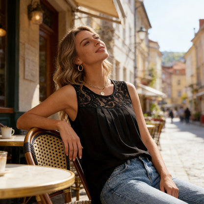 Women's Lace Pleated Sleeveless Tank Top