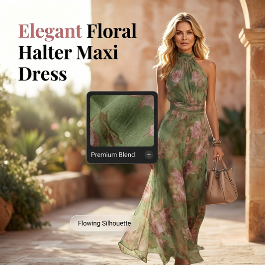 Elegant Floral Print Halter Neck Maxi Dress
