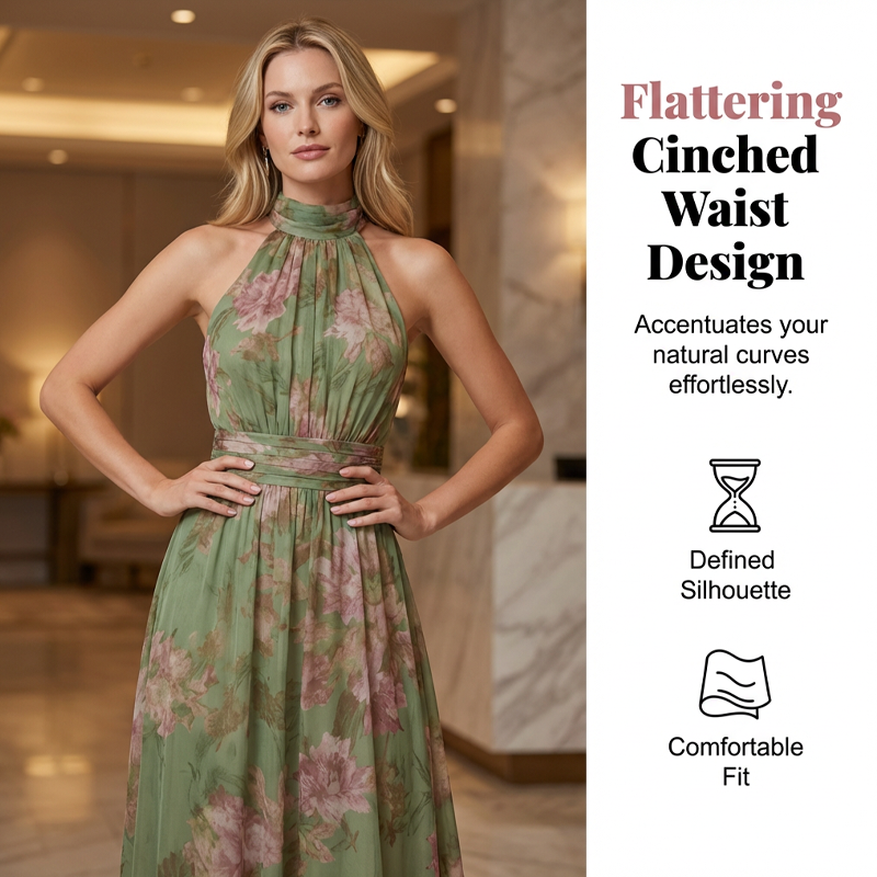 Elegant Floral Print Halter Neck Maxi Dress