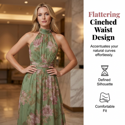 Elegant Floral Print Halter Neck Maxi Dress