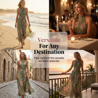 Elegant Floral Print Halter Neck Maxi Dress