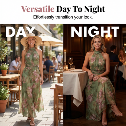 Elegant Floral Print Halter Neck Maxi Dress
