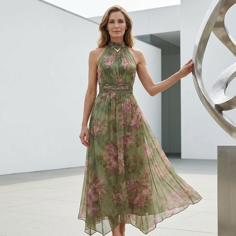 Elegant Floral Print Halter Neck Maxi Dress