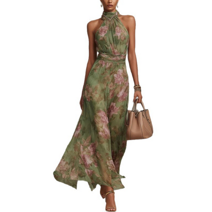 Elegant Floral Print Halter Neck Maxi Dress