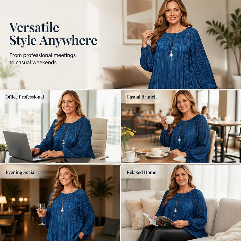Women's Plus Size Pleated Long Sleeve Top