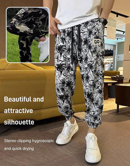 Men's Ice Silk Printed Casual Side Slit Cropped Pants