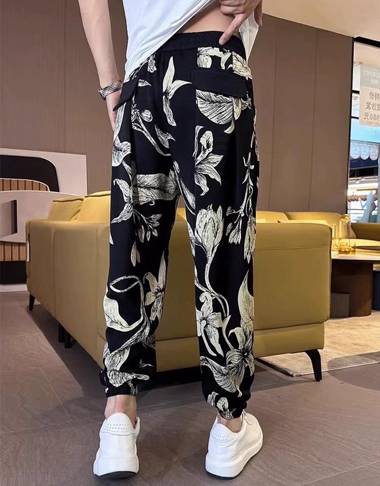 Men's Ice Silk Printed Casual Side Slit Cropped Pants