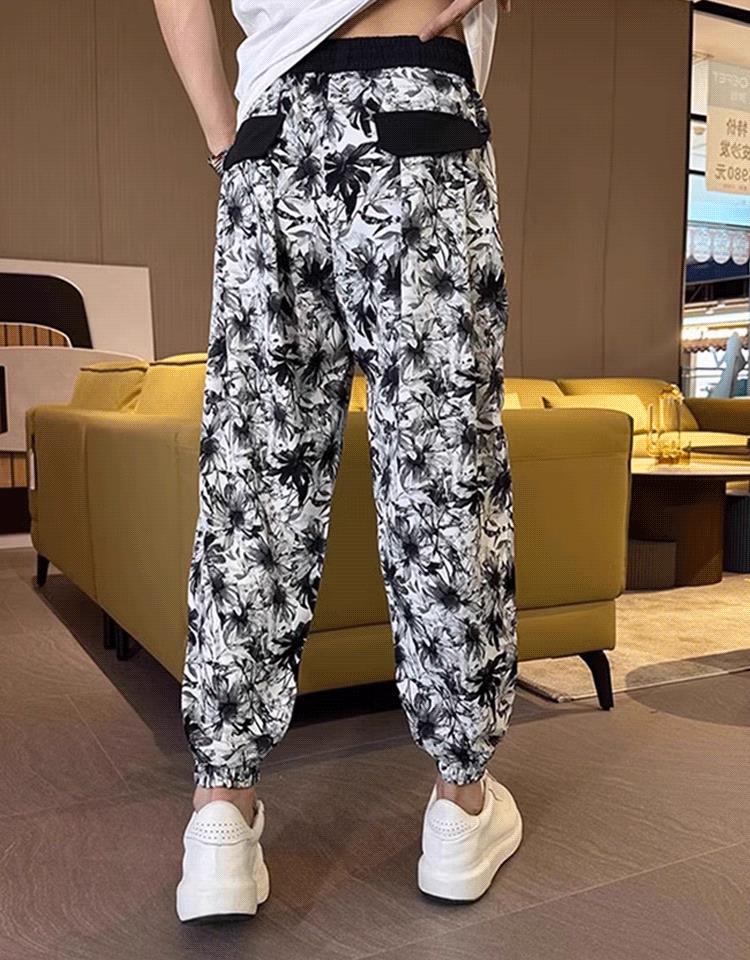 Men's Ice Silk Printed Casual Side Slit Cropped Pants