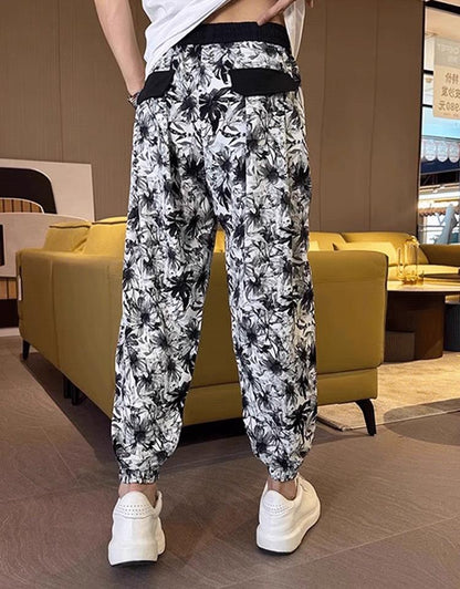 Men's Ice Silk Printed Casual Side Slit Cropped Pants