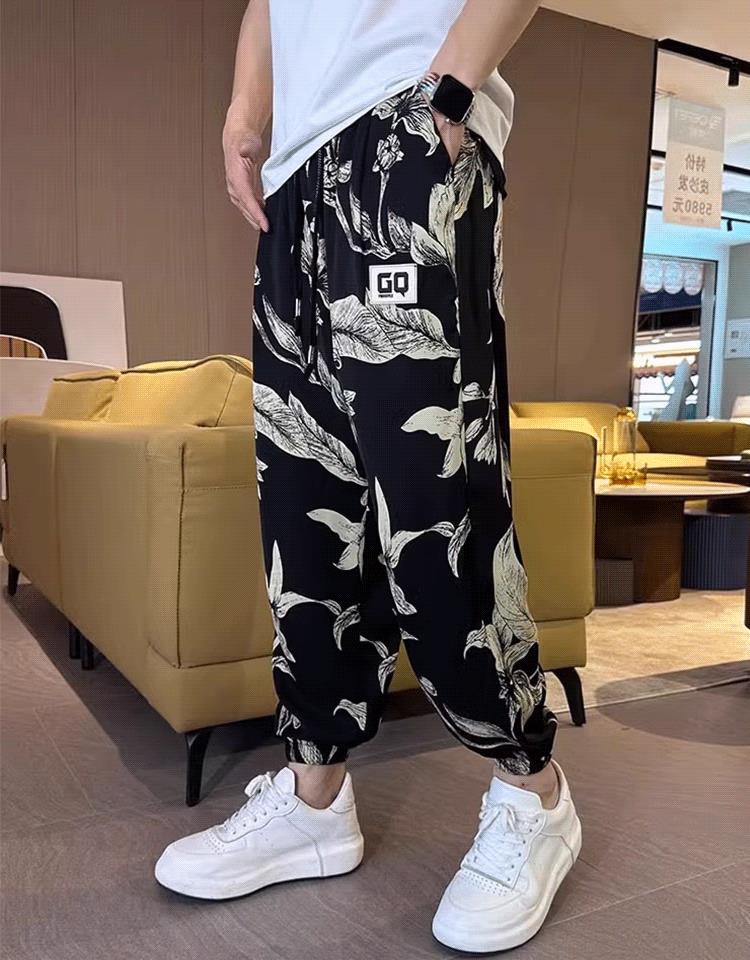 Men's Ice Silk Printed Casual Side Slit Cropped Pants