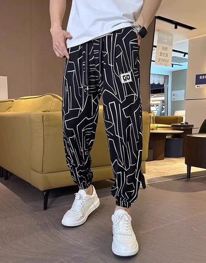 Men's Ice Silk Printed Casual Side Slit Cropped Pants